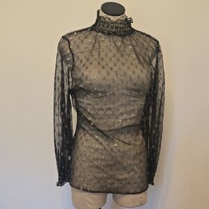 Black Sheer Star-Embroidered Mock Neck Blouse